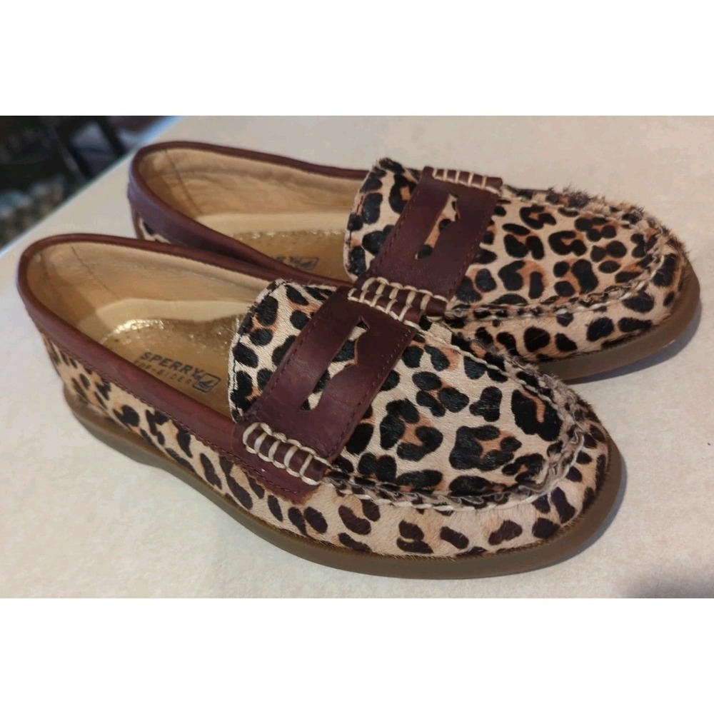 Sperry Top-Sider Seaport Leopard Calf Hair Penny Loafers Brown Leather 6M‎